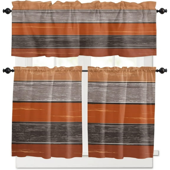 Kitchen Curtains and Valances Set Tier Curtains Living Room Bedroom Bathroom Farmhouse 3 Piece Set Rod Pocket,Retro Rustic Barn Wood