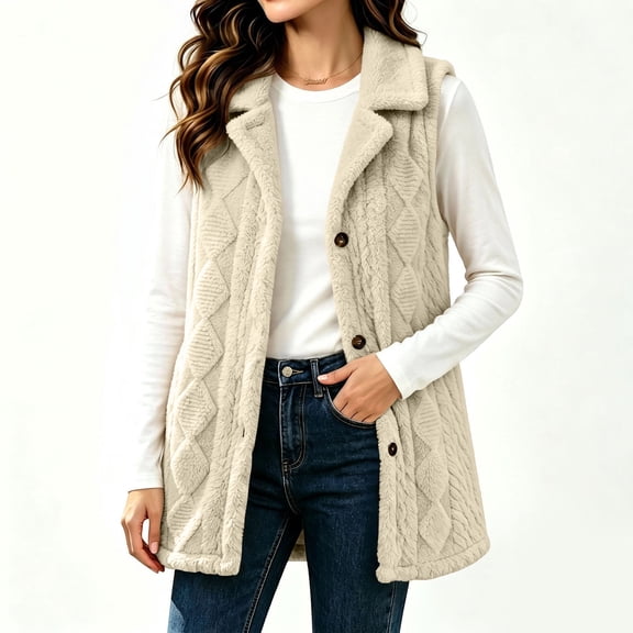 IUYRTFE Women's Sleeveless Faux Fur Vest with Lapel Collar and Button Front Mid Length Plush Cardigan Jacket with Pockets