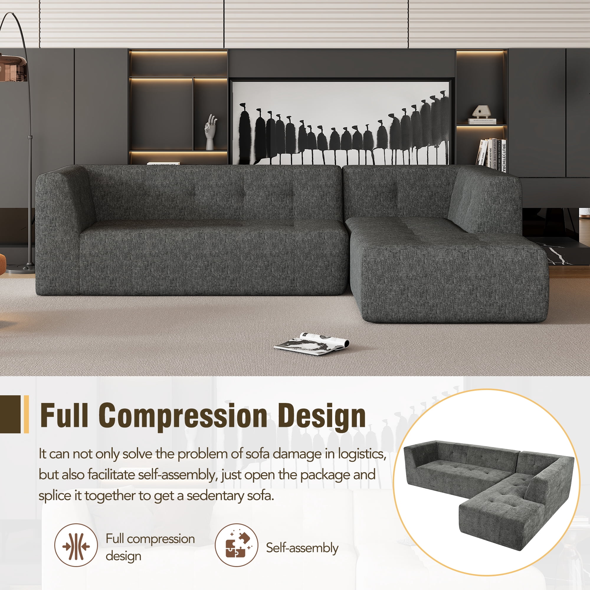 MOONMISS 112.2" Chenille L-Shaped Modern Minimalist Modular Free Combination Living Room Sofa-Gray