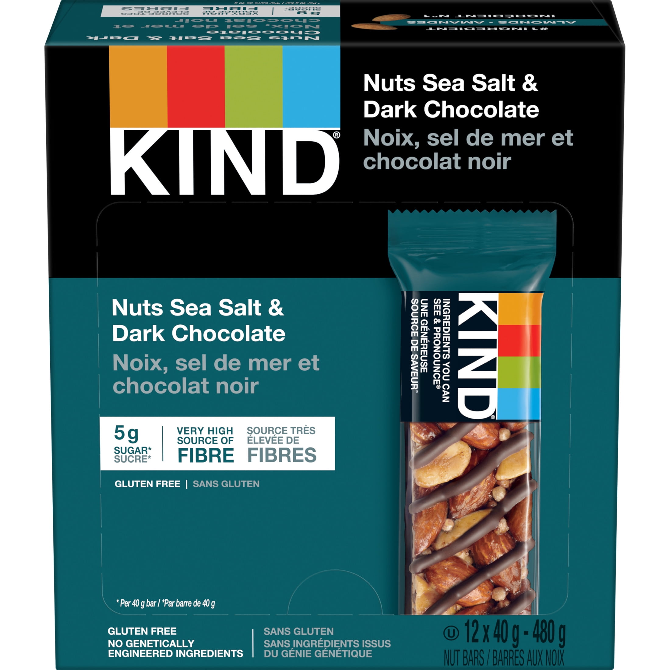 KIND Barres Noix, sel de mer et chocolat noir, 40 g, boîte de 12 unités Paquet de 12 barres d'écrous KIND