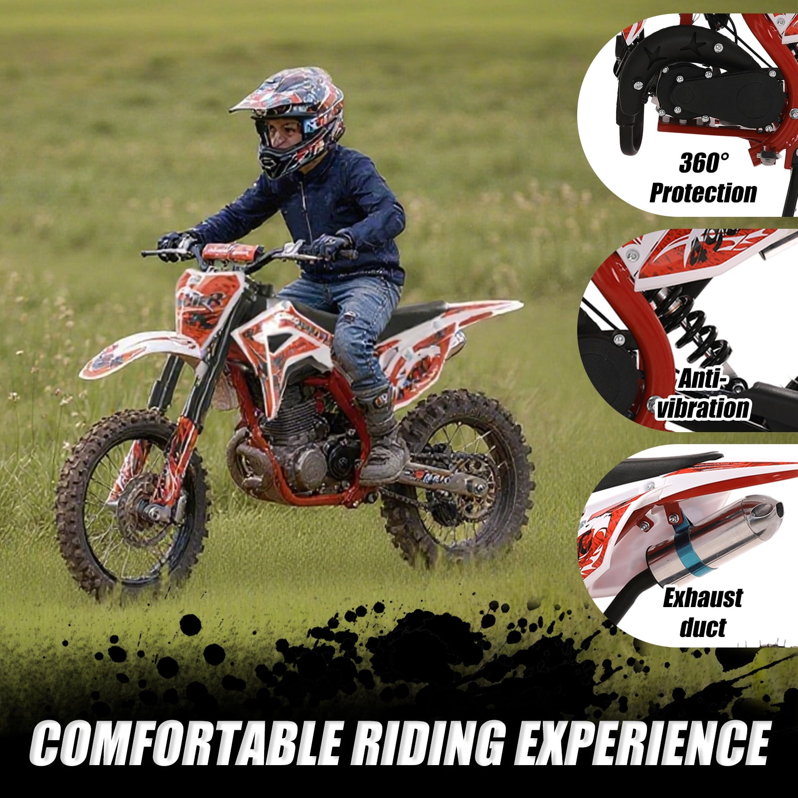 49cc 2-Stroke Kids Dirt Bike - 40KM/H Gas Powered Off-Road Motorcycle with Front/Rear Disc Brakes (Red)