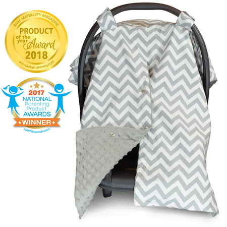 Kids N' Such 2 in 1 Car Seat Canopy Cover with Peekaboo Opening™ - Large Carseat Cover for Infant Carseats - Best for Baby Girls and Boys - Use as a Nursing Cover - Chevron with Grey Dot