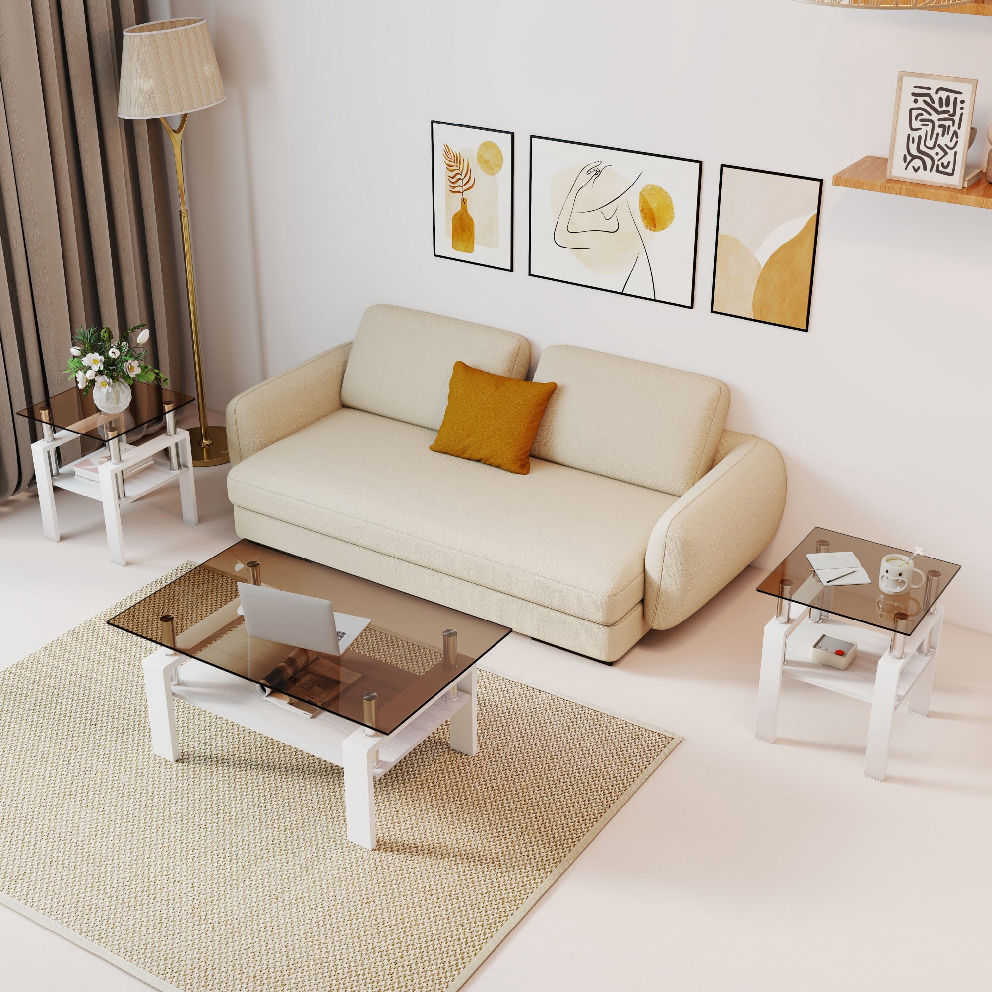 Euroco Set of 2 Modern Tempered Glass Tea Table ,Tempered Glass Tabletop with MDF Layer,Coffee Table,End Table, Square Table for Living Room, Brown/white