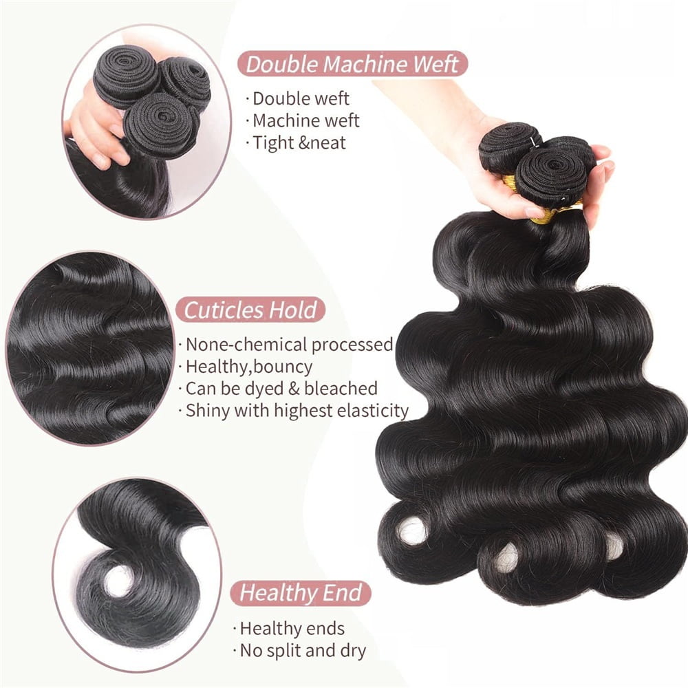Body Wave 3/4 Bundles with Frontal, Natural Black Brazilian Human Hair Weave Bundles with 13x4 HD Lace Frontal Remy Hair Extensions