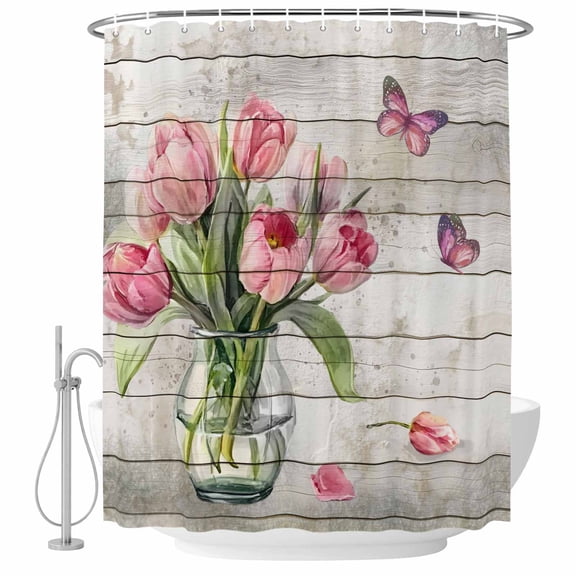 Pink Tulip Shower Curtain Set - Long 72" x 84" Washable Bathtub Curtain with 12 Hooks, Vintage Spring Floral Retro Art Butterfly Wooden Waterproof Fabric Shower Curtains for Bathroom/Bathtub Décor