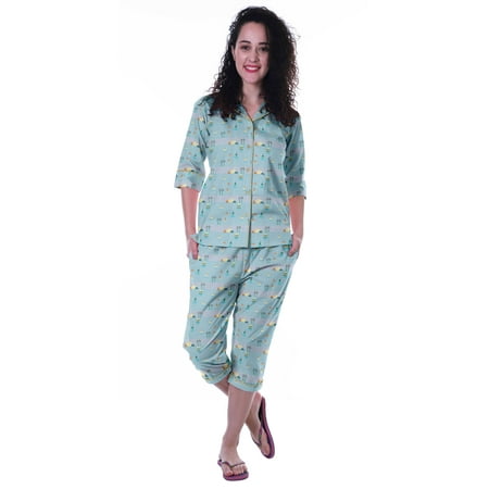 

Moomaya Printed Cotton 3/4 Sleeve Shirt With Capri 2 Piece Nightwear Set Sleepwear For Womens