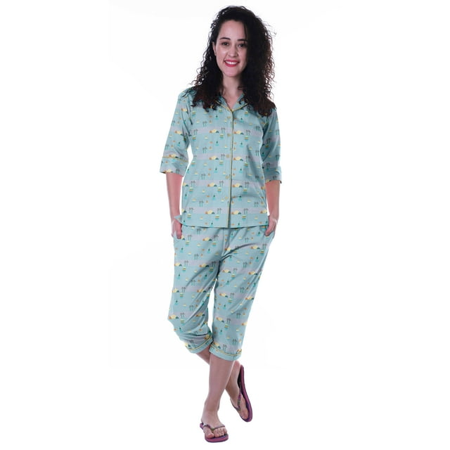 Moomaya Chemise Imprimée en Coton à Manches 3/4 avec Capri Ensemble de Nuit 2 Pcs Pyjama pour Femmes