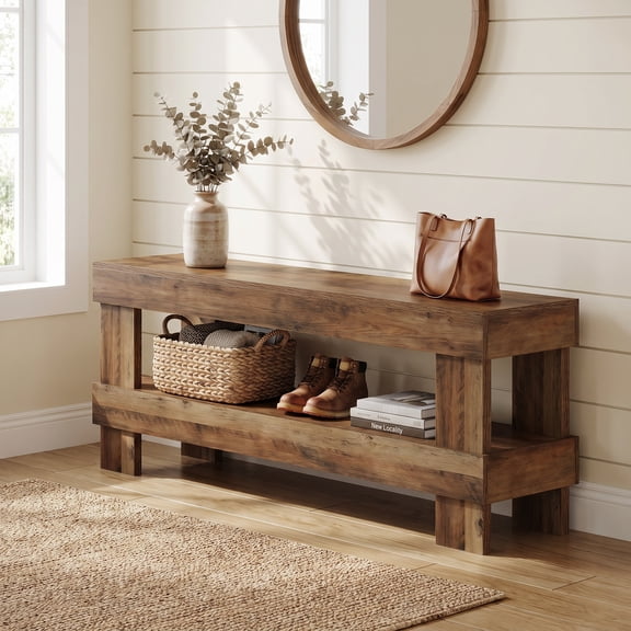 Fnova 59-Inch Farmhouse Entryway Bench, 2-Tier Storage Narrow Wooden Shoe Bench for Bedroom Hallway Living Room Dining Room