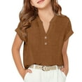 thumbnail image 2 of KAUOD Girls Casual Trendy Henley Tees Shirts Teens Summer Short Sleeve Tops Solid Color Thin Linen Tshirt Blouses, 2 of 9