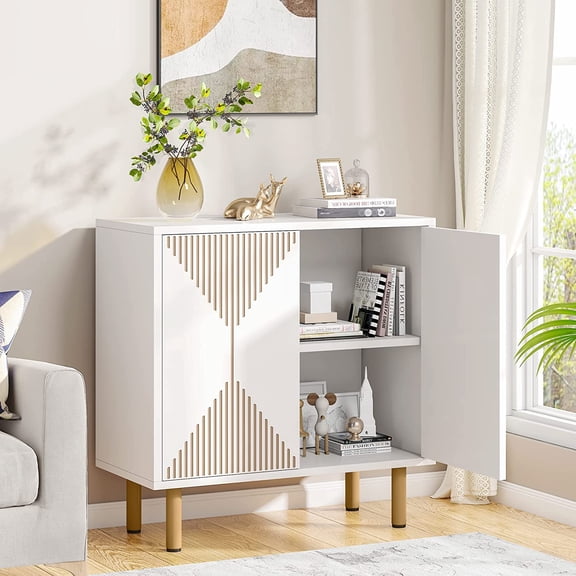 Finmind 59" Modern Storage Cabinet Set, White Wooden Sideboard Buffet Cabinet with Doors, Freestanding Floor Storage for Living Room