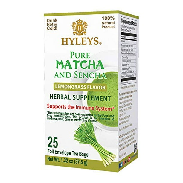 Hyleys Matcha Tea Bags with Lemongrass 25 Tea Bags (Japanese Pure Matcha Wellness Green Tea