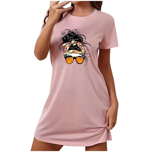 Birdeem Chemises de Nuit pour Femmes Chemise de Nuit Courte Surdimensionnée Mode Imprimé Poitrine Manches Courtes