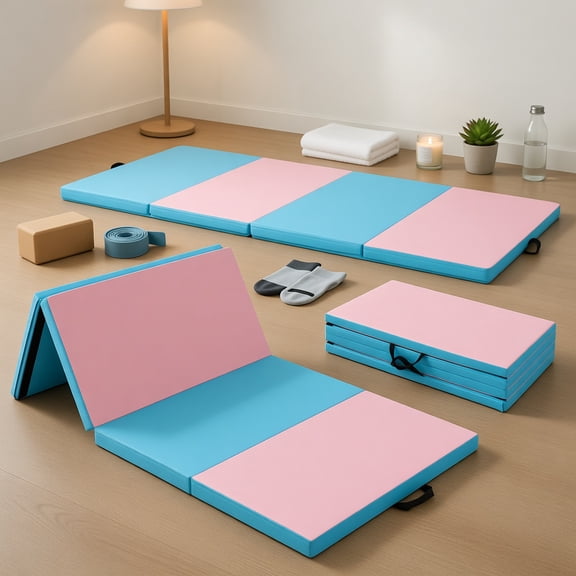 Topcobe Folding Gymnastics Mat with Carry Handles and Sweatproof Detachable PU Leather Cover, Easy to Clean Gym Mat, Gymnastics Equipment for Activity Play, Blue