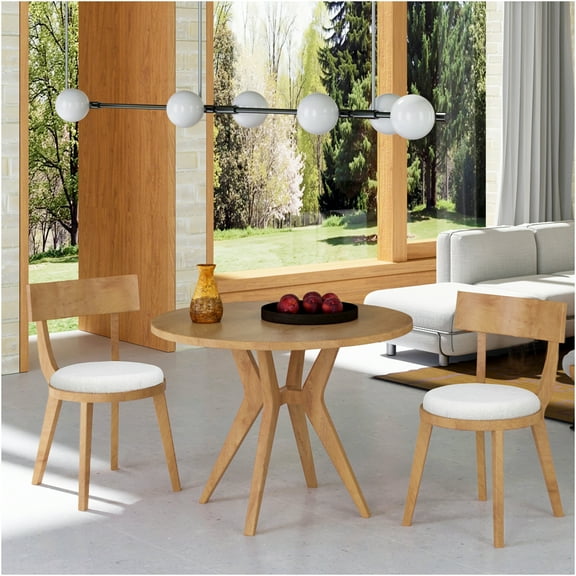 JERFIT Mid-Century Modern Round Dining Table Set with 2 Chairs, Intersecting Wood Legs, Beige Fabric Upholstery, Durable Oak Finish for Small Space