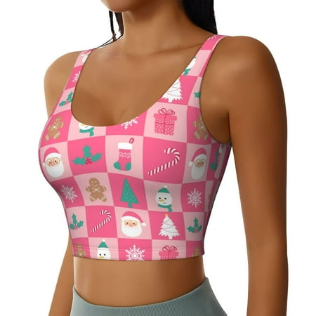 Haiem Pink Christmas Cheer Pattern Womens Sports Bra - U Neck Padded Low Impact Yoga Bra Workout Crop Top Gym Moisture-Wicking Workout Vest -Small