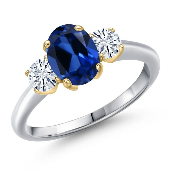 Gem Stone King 10K Two Tone Gold Blue Created Sapphire and White Moissanite Engagement Ring for Women | 2.06 Cttw | Oval 8X6MM | Gemstone September Birthstone | Size 5