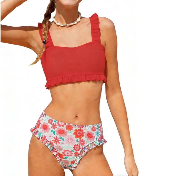 Lopeceal Girls 2 Piece Swimsuit ruffle Strap Bathing Suit with Floral Prints Bottom Cute Summer Beach Swimwear 6-15Y