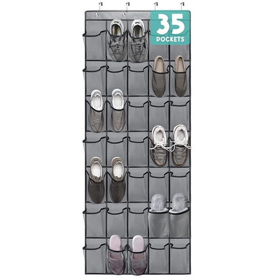 35 Large Pockets Over the Door Shoe Organizer, Extra Sturdy Oxford Fabric Hanging Shoe Rack for Door Closet, Wall Mesh Shoe Storage Holder for Mens Women Shoes (Grey)
