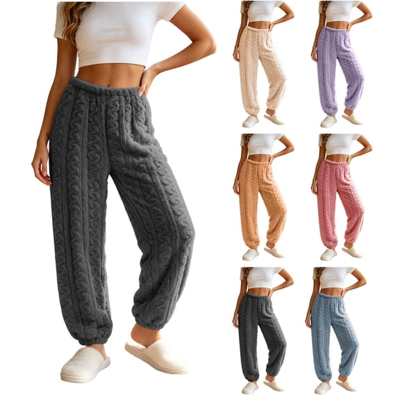 Women Cable Fleece Jogger Sleep Pants Elastic Drawstring Waist Soft Warm Loose Breathable Solid Loungewear Bottoms Timeless Basic Pajama Pants for All Age Ladies