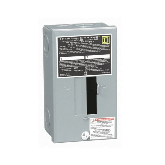 Load Center, 2 Spaces, 30 A Amps, 120/240V AC, QO Circuit Breaker Type
