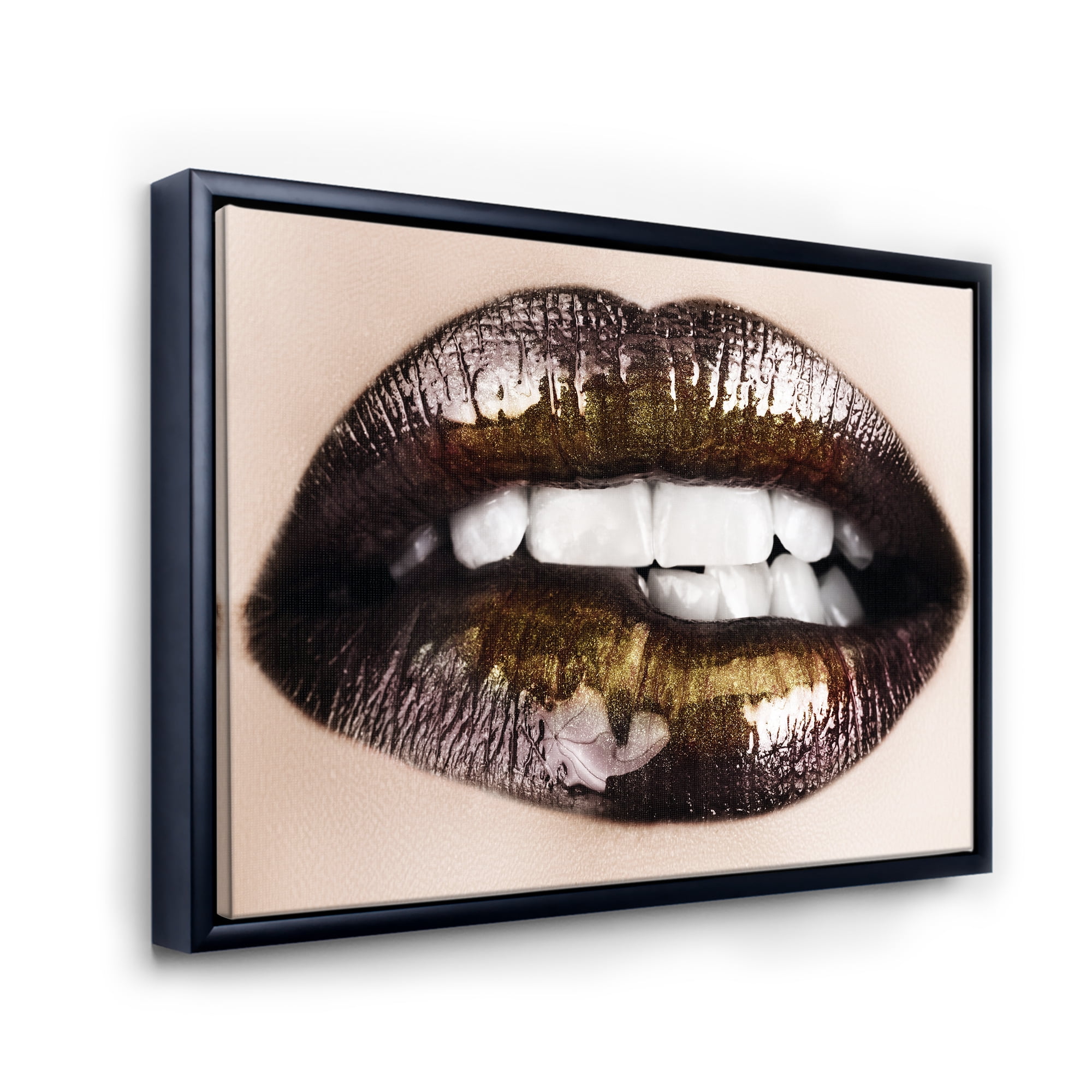 Designart 'Gold Black Lips Biting' Modern Framed Canvas Wall Art Print