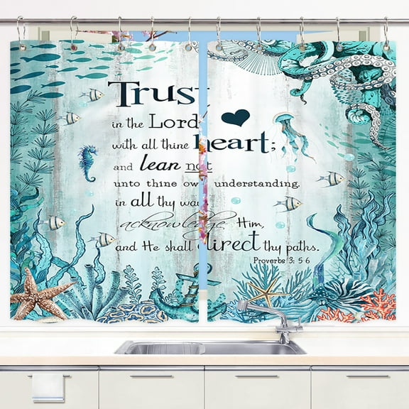 Sea Turtle Octopus Window Curtains, Blue Teal Ocean Fish Underwater Animal Seashell Coastal Curtains Panels, Inspirational Quotes Nautical Kitchen Window Drapes, Window Treatment Sets , 55X39Inches