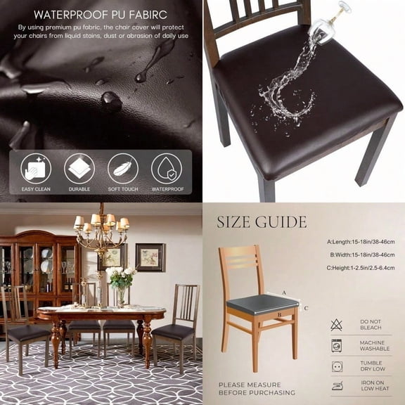 Waterproof PU Leather Seat Covers for Dining Chairs 6 Pack Stretch Dining Room Chair Seat Covers Kitchen Chair Seat Covers Protectors Deep Brown