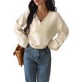 thumbnail image 3 of Women Fall Long Sleeve Sweater V Neck Tops Casual Light-Weight Knit Pullover Shirts White S, 3 of 9