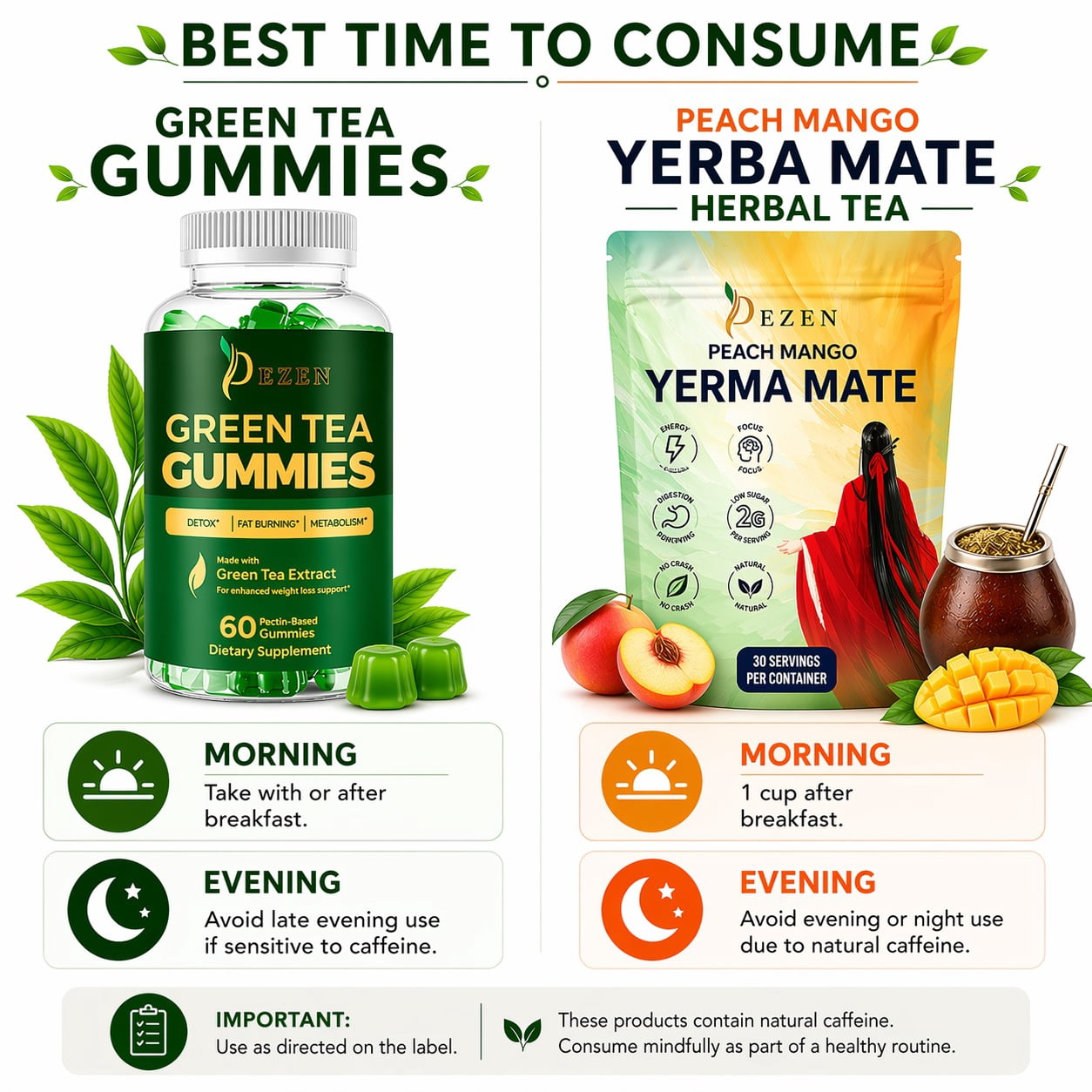 Yerba Mate Drink Mix Powder (Peach Mango) + Green Tea Gummies (Apple) Combo Pack, Energy, Focus & Wellness Support, 30 Servings