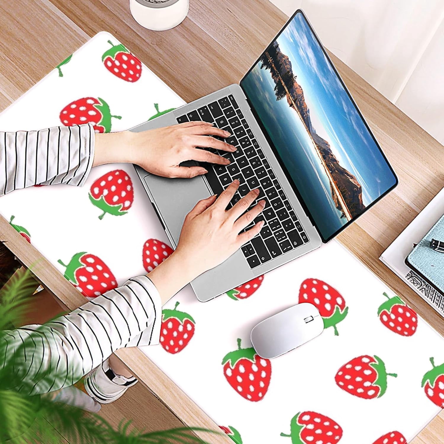 Cute Pink Strawberry Desk Mat, Desk Accessory, Cute Workspace, Trendy Workspace, Trendy, 35.4x15.7in Large Gaming Mouse Pad, Cute Desk Topper, Pretty Desk Pad