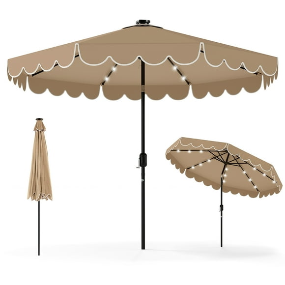 Gymax Parasol de Patio Solaire de 9,3 Pi avec 32 Lumières DEL et Toit Ventilé et Volants Café