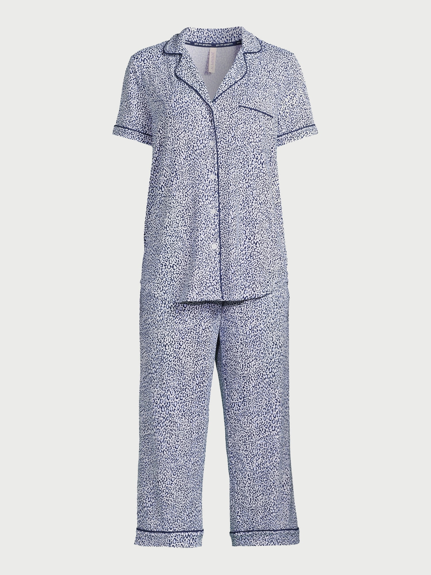 Joyspun Women's Knit Short Sleeve Notch Collar Top and Capri Pajama Set, 2-Piece, Sizes S to 3X