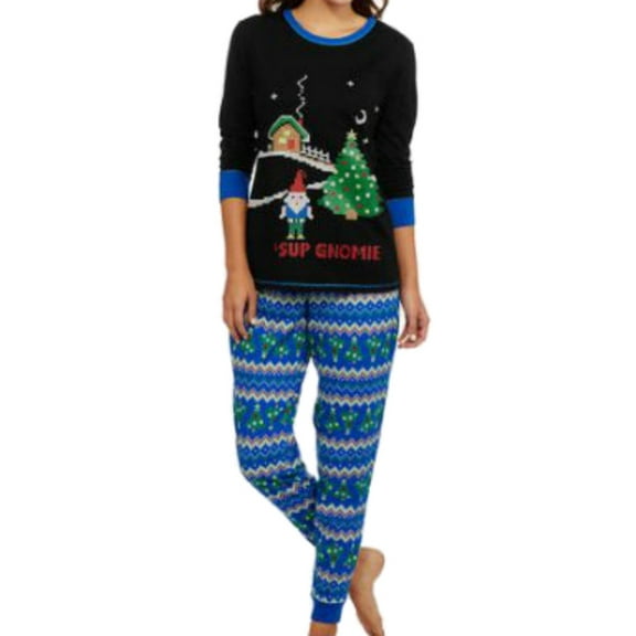 Womens Black & Blue Sup Gnomie Holiday Pajamas Christmas Gnome Sleep Set X-Large