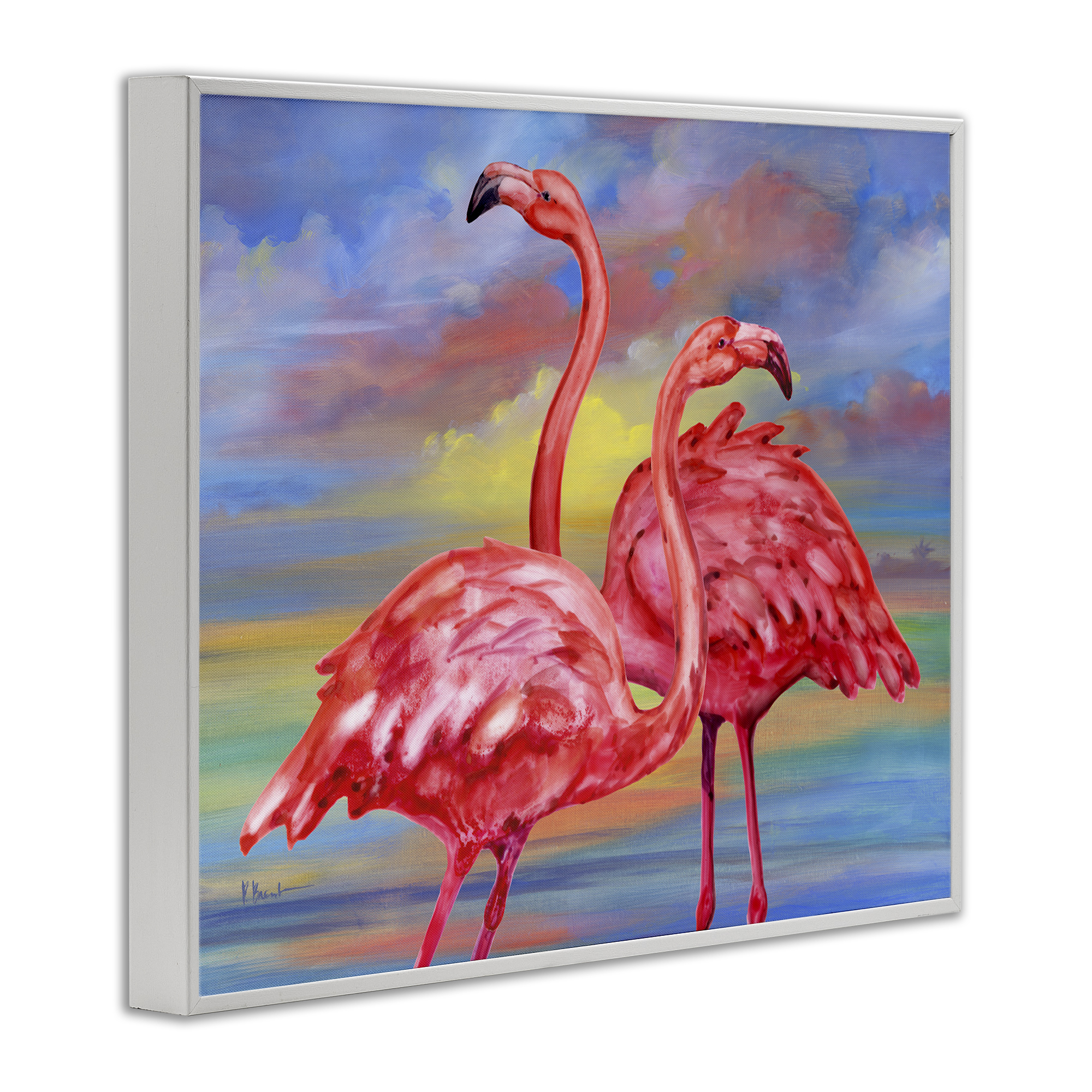 Stupell Industries Rainbow Sunset Flamingos Animals & Insects Painting White Framed Art Print Wall Art, 30 x 24