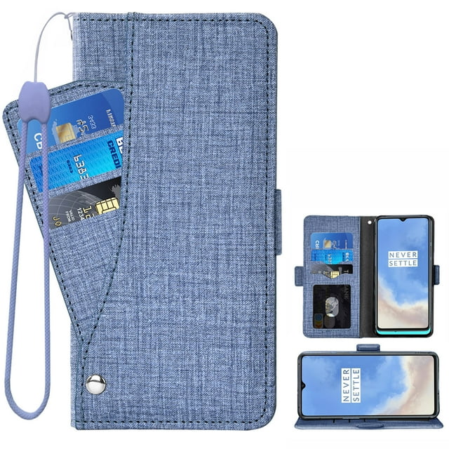 Étui OnePlus 7T, Étui Portefeuille en Cuir Véritable iCoverCase Ajusté, Design Livre Folio avec Support et Fentes pour Cartes, Étui à Rabat pour OnePlus 7T (Bleu)