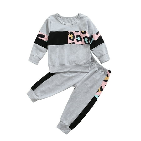

Toddler Baby Girls 2PCS Tracksuit Outfit Sets Leopard Patchwork Sweatshirt Hoodie Top Pants Sweatsuit Suits
