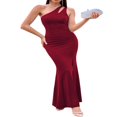 thumbnail image 3 of Femmes Bodycon Longue Robe d'Été Couleur Unie une Épaule Robe Sans Manches Plage Partie Robe de Bal Vin Rouge L, 3 of 6