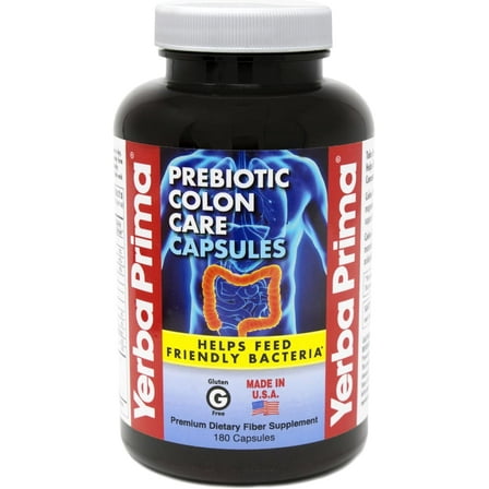 Yerba Prima Prebiotics Colon Care Fiber Caps, 180 Capsules - Five Forms of Fiber Plus FOS Pre-biotics - Dietary Health Supplement - Healthy Soluble & Insoluble Fibers for Regularity