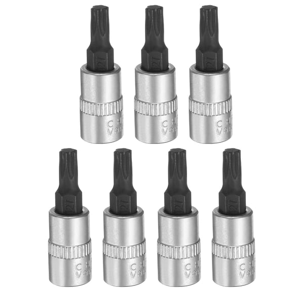 Uxcell 7pcs T27 Torx Bit Socket 1/4" Square Drive Star 6 Point Extension Impact Bit Power Nut Driver Set S2 & CR-V Steel Socket Ratchet Wrench Bits, Silver Black