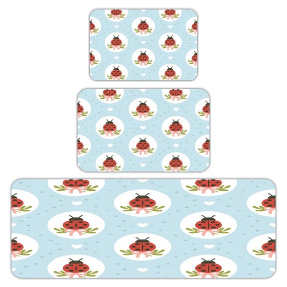 RKSupls Kitchen Rug Set 3 Piece Anti-Slip Flannel Floor Mats, Ladybug Bow Pattern Washable Absorbent Runner Mats for Kitchen Bathroom Home Decor