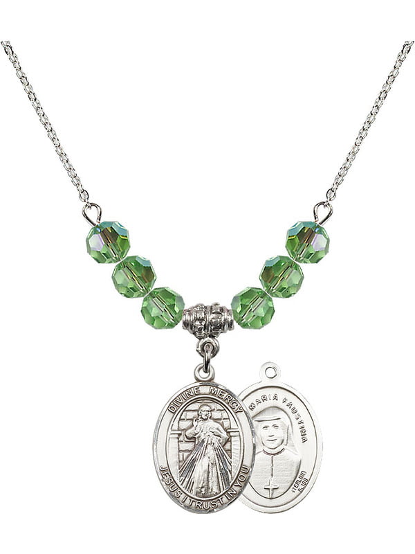 18-Inch Rhodium Plated Necklace with 4mm Emerald Birthstone Beads and Sterling Silver Our Lady of Mercy Charm.