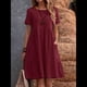 thumbnail image 4 of Vestido Camisero de y Algodón de Verano para Mujer, Informal, Holgado, con Cuello Redondo, Corta, Midi y Bolsillos Vino Tinto M, 4 of 7