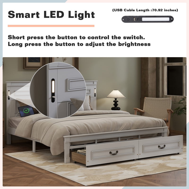 Mirightone King Bed Frame with 46" Tall Headboard, Farmhouse Solid Wood King Size Platform Bed with 2 Storage Drawers,LED Lights & USB Charging Station, White
