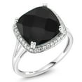 thumbnail image 3 of Gem Stone King 10K White Gold Black Onyx and White Created Sapphire Halo Engagement Ring for Women (5.77 Cttw, Cushion Checkerboard 12MM, Gemstone December Birthstone, Size 5 to 9), 3 of 5