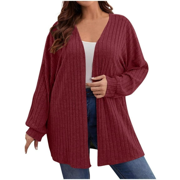 Fmbrln Womens Plus Size Lightweight Cardigan Sweaters Long Sleeve Solid Color Open Front Cardigans Casual Comfy Knitted Cardigans Coat Wine XL