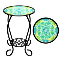 G128 14 in Round Glass Outdoor Side Table Mandrake Pattern | Decorative Plant Stand, Small End Table for Garden Patio Porch Living Room
