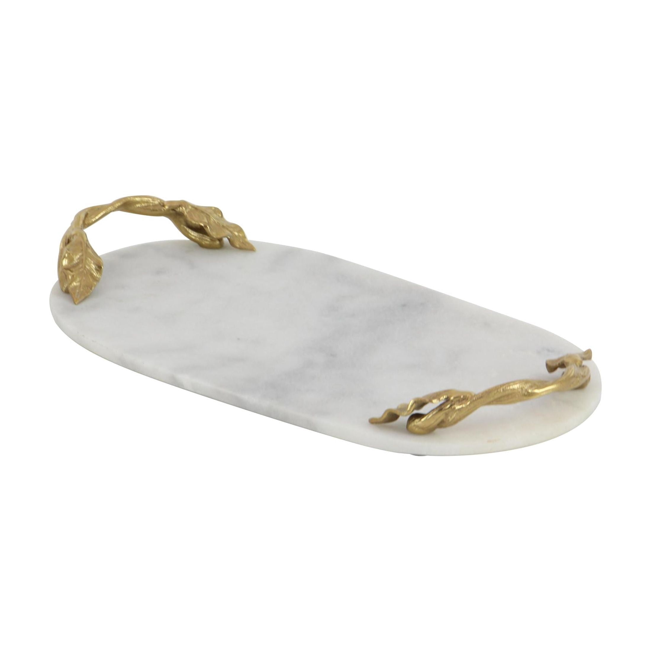 DecMode 20" x 10" White Marble Oval Leaf Tray with Gold Twisted Metal Handles, 1-Piece