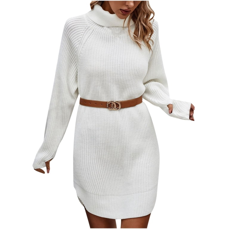 navy blue dress for baby girl High Neck Sweater Dress for Women Fall Winter Casual Knit Loose Turtleneck  Long Sleeve Dress Curved Hem Sweaters (Small, White)