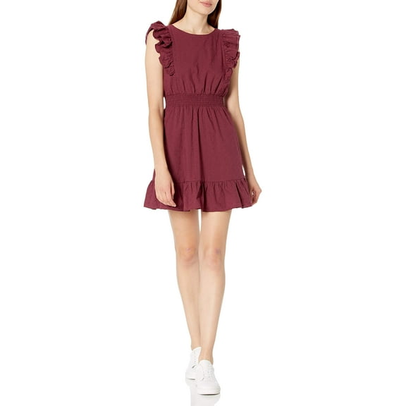 BB DAKOTA Junior's Smock Break Cotton Jacquard dot Dress, Bordeaux, Extra Small