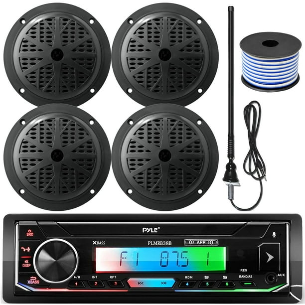 Pyle 1625' Bay Boat Single DIN Bluetooth Marine Stereo Receiver Bundle